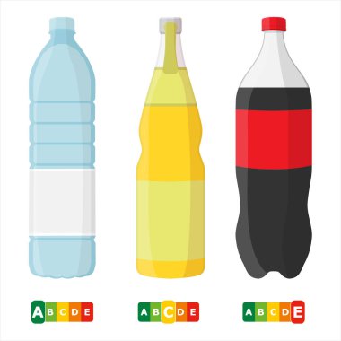 Set of beverages bottles soda cola, fresh water and orange juice. Nutri- Score labels. Vector  clipart