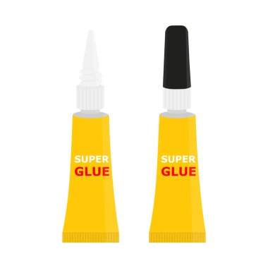 Beyaz zemin üzerinde izole edilmiş süper yapıştırıcı küçük tüp. Kapağı açık ve kapalı süper yapıştırıcı. Vektör