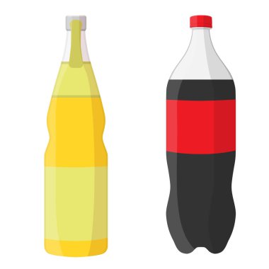 Plastik şişeler, kola ve portakal suyu. Vektör 