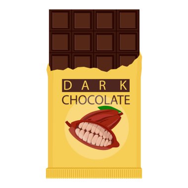 Açılmış çikolata beyaz arka planda izole edilmiş. Siyah çikolata. Çikolata paketleme tasarımı. Vektör
