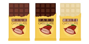 Açılmış çikolata beyaz arka planda izole edilmiş. Siyah, süt ve beyaz çikolata. Çikolata paketleme tasarımı. Vektör