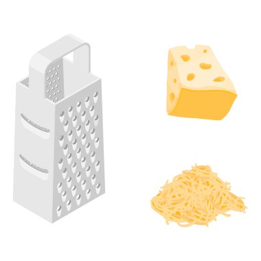 Vektör çizim peynir rendesi, rendelenmiş peynir ve beyaz arkaplanda izole edilmiş bir parça peynir.