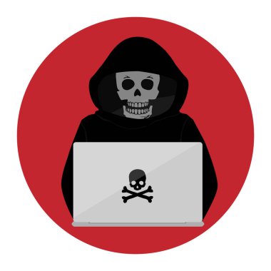 Kafatası suratlı kapüşonlu hacker çevrimiçi güvenlik kavramı. Hacker ve Siber suçlular vektör simgesi