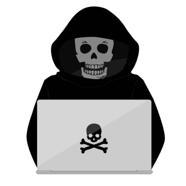 Kafatası suratlı kapüşonlu hacker çevrimiçi güvenlik kavramı. Hacker ve Siber suçlular vektör simgesi
