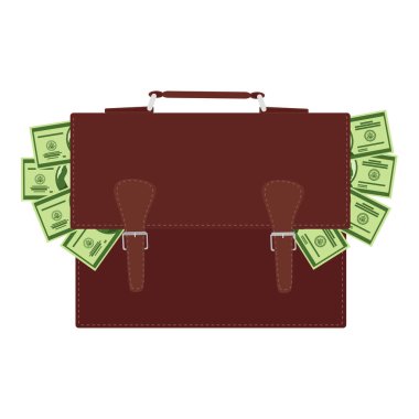 Beyaz arka planda izole edilmiş dolar dolu kahverengi deri çanta. Vektör