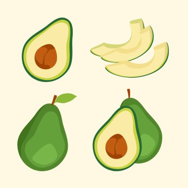 Avokado seti: Yapraklı tam meyve yarısı tohumlu ve arka planda izole edilmiş dilimler. Sağlıklı beslenme. Vektör illüstrasyonu.