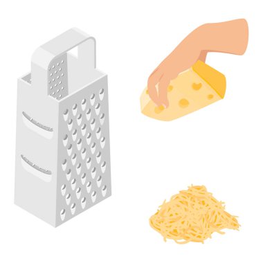 Vektör çizim peynir rendesi, rendelenmiş peynir ve beyaz arkaplanda izole edilmiş bir parça peynir.