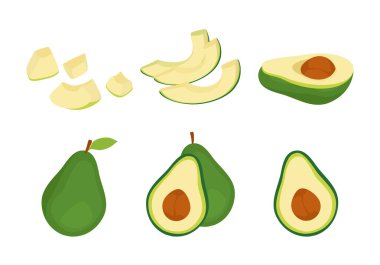 Avokado seti: Yapraklı tam meyve yarısı tohum, dilimler ve beyaz arka planda izole edilmiş parçalar. Sağlıklı beslenme. Vektör illüstrasyonu.