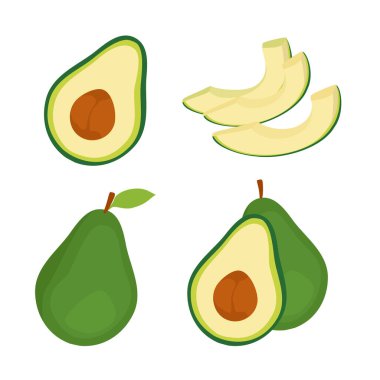 Avokado seti: Yapraklı tam meyve, yarım tohum ve dilimler beyaz arka planda izole edilmiş. Sağlıklı beslenme. Vektör illüstrasyonu.