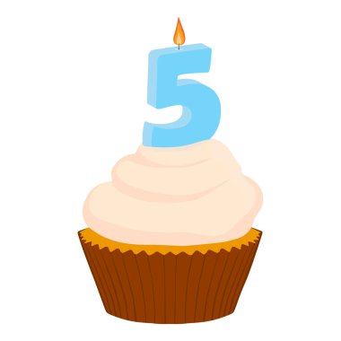 Beyaz arka planda 5 numaralı mumu olan doğum günü pastası. Kremalı kek. Vektör illüstrasyonu