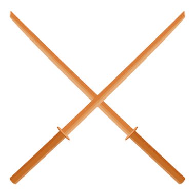 İki çapraz ahşap kılıç bokken, katana. Geleneksel Japon silahı beyaz arka planda izole edilmiş. Vektör