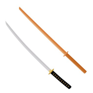 Tahta eğitim kılıcı bokken, katana ve katana kılıcı. Geleneksel Japon silahı beyaz arka planda izole edildi. Vektör