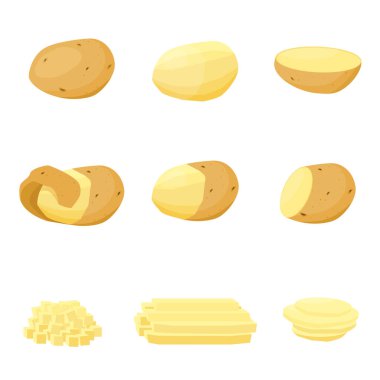 Beyaz arka planda çiğ taze patates. Dilimlenmiş, doğranmış patates dilimleri. Tam patates, yarısı, patates küpleri, çubuklar ve dilimler. Vektör