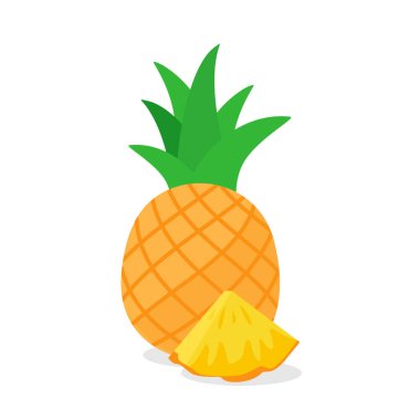 Beyaz arka planda izole edilmiş tropik yaz meyveli ananas. Ananas çizgi film vektör ikonu. Tam ve dilimlenmiş ananas..