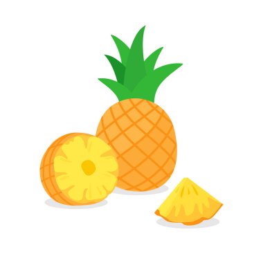Beyaz arka planda izole edilmiş tropik yaz meyveli ananas. Ananas çizgi film vektör ikonu. Tam, yarısı ve dilimlenmiş ananas..