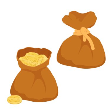 Beyaz arka planda izole edilmiş antik altın sikkelerle dolu çanta. İple bağlanmış bir çuval ve çuval. Vektör