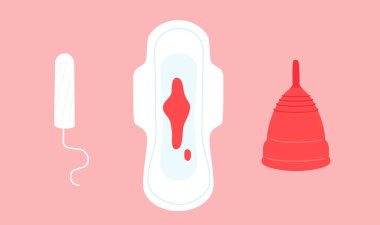 Adet dönemi ürünleri. Tampon, ped ve regl kupası. Kadın hijyeni. Vektör illüstrasyonu