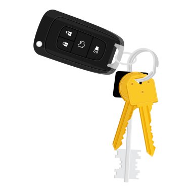 Anahtarlıktaki araba ve ev anahtarları beyaz arka planda izole edilmiş. Kiralık konsept. Vektör 