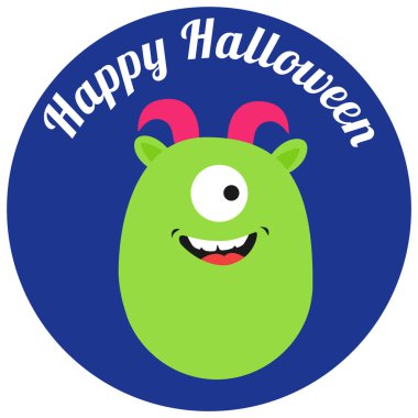 Beyaz arka planda izole edilmiş şirin, ürkütücü canavar karakterli Cadılar Bayramı çıkartmanız kutlu olsun. Tasarım elemanı. Vektör simgesi