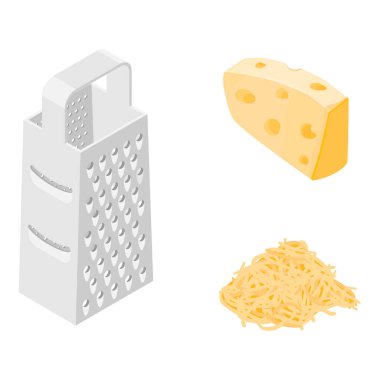 Vektör çizim peynir rendesi, rendelenmiş peynir ve beyaz arkaplanda izole edilmiş bir parça peynir.