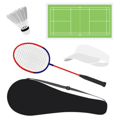 Spor malzemeleri badminton raketi, servis aleti, kep ve raket kutusu beyaz arka planda izole edilmiş. Tenis sahası, kort. Vektör