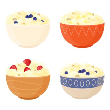 Seramik kaseler, yulaf ezmeli çeşitli tasarımlar, muzlu mısır unu lapası, çilek ve yaban mersinli beyaz arka planda yaban mersini. Lezzetli ve sağlıklı kahvaltı yemekleri. Vektör illüstrasyonu.