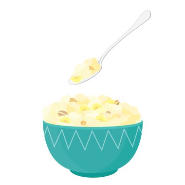 Seramik kasede muzlu yulaf lapası ve beyaz arka planda yulaf ezmeli kaşık. Kahvaltı için lezzetli ve sağlıklı yiyecekler. Vektör