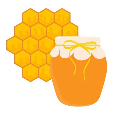 Cam kavanozda lezzetli doğal bal ve beyaz arka planda izole edilmiş bal peteği. Vektör