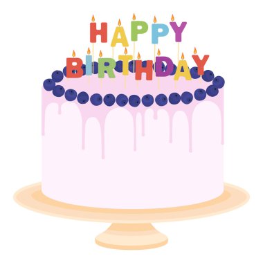 Beyaz arka planda izole edilmiş bir stantta doğum günü pastası ve doğum günü mumları. Vektör