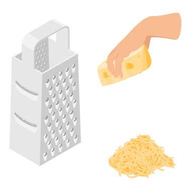 Vektör çizim peynir rendesi, rendelenmiş peynir ve beyaz arkaplanda izole edilmiş bir parça peynir.