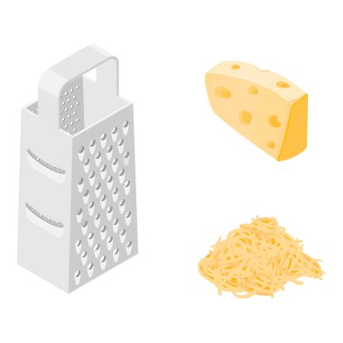 Vektör çizim peynir rendesi, rendelenmiş peynir ve beyaz arkaplanda izole edilmiş bir parça peynir.