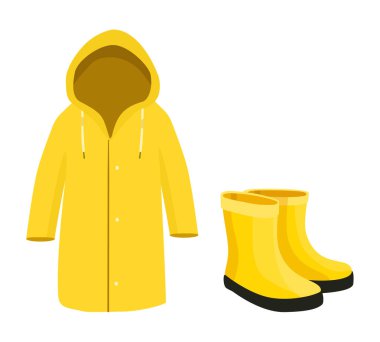 Sarı yağmurluk ve lastik botlar. Yağmurluk, beyaz arka planda izole çizmeler. Vektör illüstrasyonu