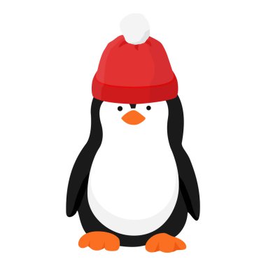 Vektör ikonu küçük penguen. Sevimli yavru penguen. Penguen çizgi film karakteri, ponponlu kış şapkası örüyor.