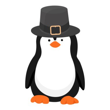 Vektör ikonu küçük penguen. Sevimli yavru penguen. Geleneksel Şükran Günü hacı şapkasıyla Penguen çizgi film karakteri.