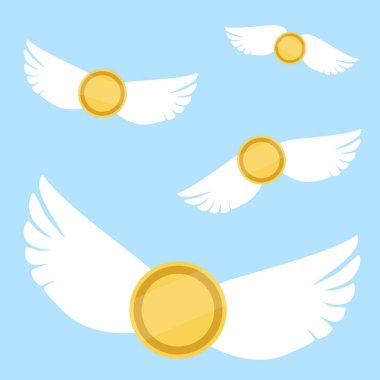 Mavi arka planda izole edilmiş kanatlı uçan altın sikkeler. Vektör illüstrasyonu
