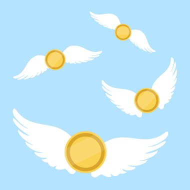 Mavi arka planda izole edilmiş kanatlı uçan altın sikkeler. Vektör illüstrasyonu
