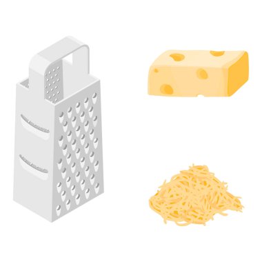 Vektör çizim peynir rendesi, rendelenmiş peynir ve beyaz arkaplanda izole edilmiş bir parça peynir.