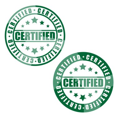 Beyaz arka planda izole edilmiş yeşil sertifikalı lastik mühür koleksiyonu. Onaylanmış vektör simgesi.