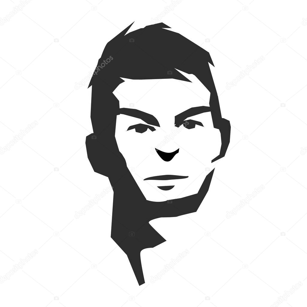 Black and white light and shadow image of male face isolated on white background. Severe male profile for advertising, barbershop, men's clothing stores, logo, print or poster.