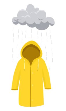 Yağmurda sarı yağmurluk. Yağmurluk ve gri yağmurlu bulut beyaz arka planda izole edilmiş. Vektör illüstrasyonu