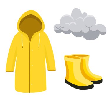 Sarı yağmurluk, lastik botlar ve gri yağmur bulutu. Yağmurluk, beyaz arka planda izole çizmeler. Vektör illüstrasyonu