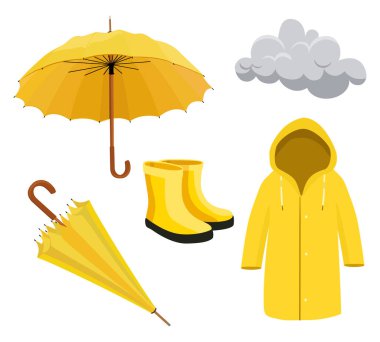 Sarı yağmurluk, şemsiye, lastik botlar ve gri yağmurlu bulut. Yağmurluk, beyaz arka planda izole çizmeler. Vektör illüstrasyonu