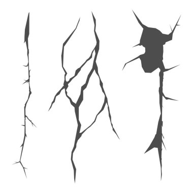 Zemin çatlaklarının toplanması, beyaz arka planda izole edilmiş kırıklar. Toprakta gerçekçi bir çatlak, felaket ya da kuraklıktan kaynaklanan çatlaklar. Vektör illüstrasyonu