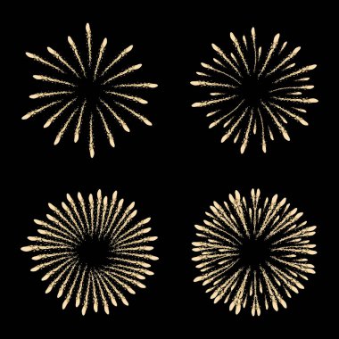 Havai fişek koleksiyonu. Altın patlaması şekilleri siyah arka planda izole edildi. Klasik ışık patlaması sembolü tasarım elementi.