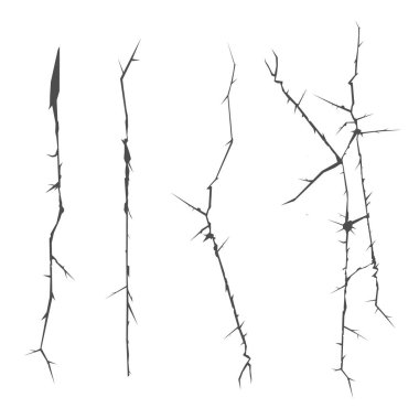 Zemin çatlaklarının toplanması, beyaz arka planda izole edilmiş kırıklar. Toprakta gerçekçi bir çatlak, felaket ya da kuraklıktan kaynaklanan çatlaklar. Vektör illüstrasyonu