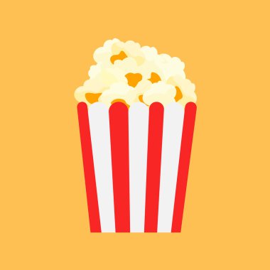Kırmızı ve beyaz çizgili patlamış mısır kutusu turuncu arka planda izole edilmiş tuzlu, tatlı patlamış mısırla dolu. Sinema, film gecesi atıştırması. Patlamış mısır kovası. Vektör