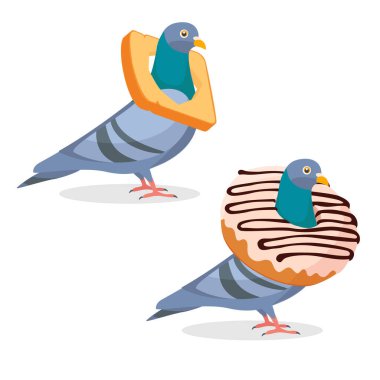 Beyaz arka planda izole edilmiş boynunda ekmek ve çörek arması olan komik güvercin karakterleri koleksiyonu. Vektör illüstrasyonu