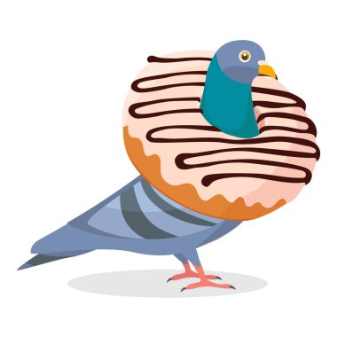 Boynunda çörek olan komik güvercin karakteri beyaz arka planda izole edilmiş. Vektör illüstrasyonu