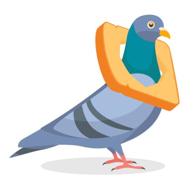 Boynunda kızarmış ekmek arması olan komik güvercin karakteri beyaz arka planda izole edilmiş. Vektör illüstrasyonu