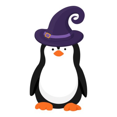 Vektör ikonu küçük penguen. Sevimli yavru penguen. Penguen çizgi film karakteri Cadılar Bayramı cadısı, büyücü şapkası